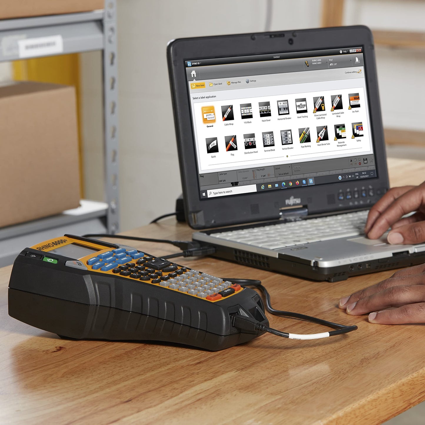 DYMO® Rhino™ 6000 Industrial Label Maker, Computer Connected Label Maker with Hard Carry Case, 1 Vinyl Tape Cassette, 1 Flexible Nylon Tape Cassette and Rechargeable Lithium Ion Battery